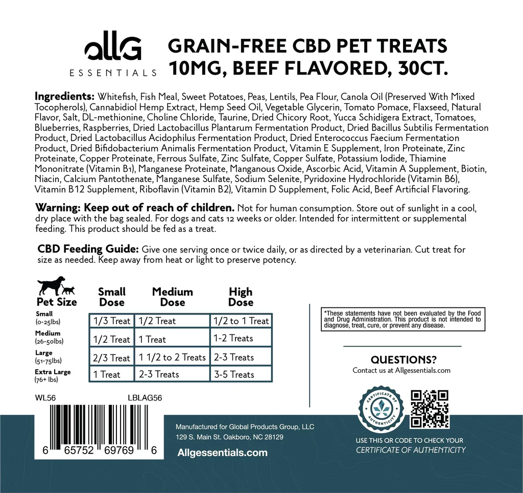 CBD Pet Treats Grain-Free 300mg 30ct Beef Flavored All G Essentials  